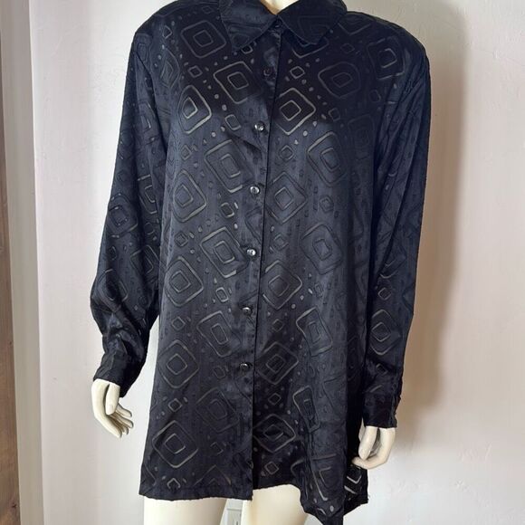Vintage 80’s 90’s Geometric Sheer Black Oversized Button Down Shirt Size 1X - Picture 1 of 16